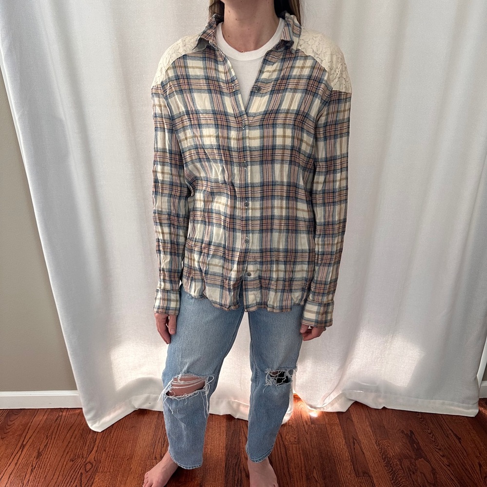 Melrose and Market Plaid and Lace Top